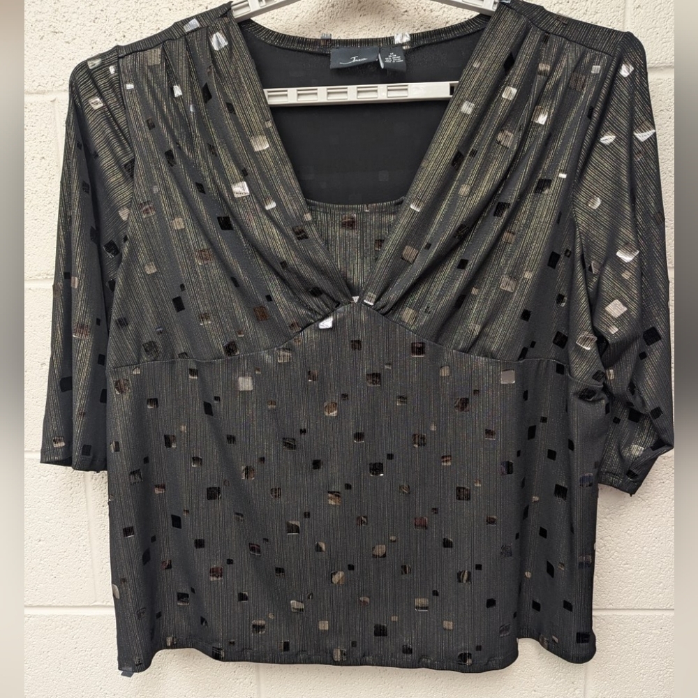 Java 3X (26/28) Black Shimmer Blouse With Gold Threads And Ice-like Decals - Picture 5 of 13